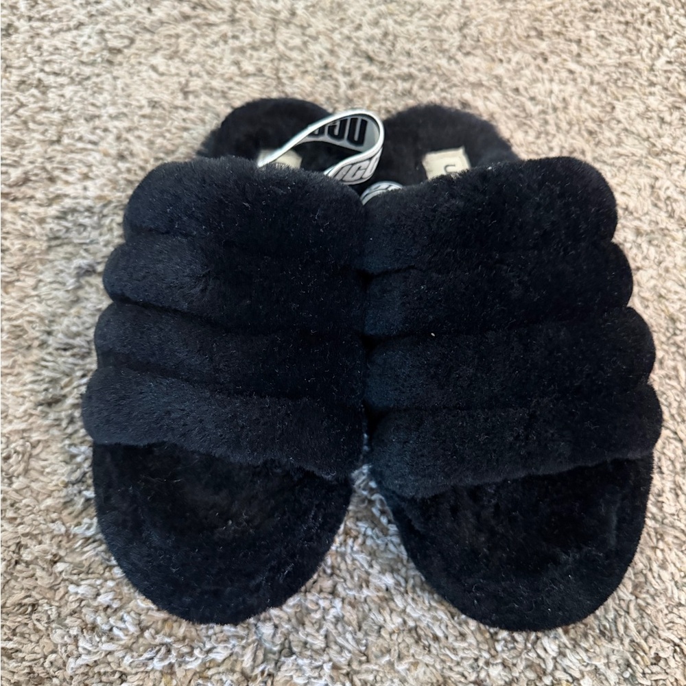 UGG Black Plush Logo Strap Slide Slippers